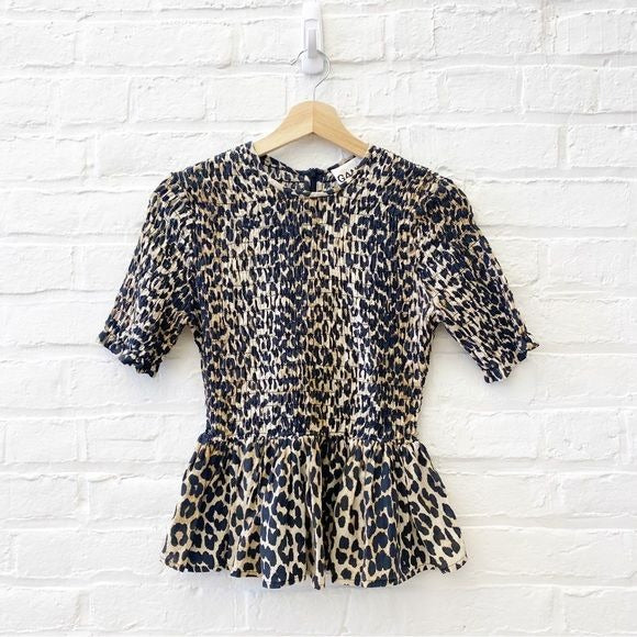 GANNI || Smocked Peplum Top Leopard Print Cotton + Silk 36 EU US 4