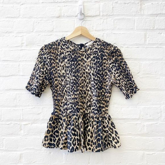 GANNI || Smocked Peplum Top Leopard Print Cotton + Silk 36 EU US 4