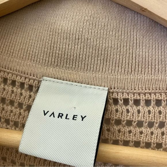 Varley || Clayton Polo Zip Neck Collar Open Weave Crochet Knit Moon Tan XS