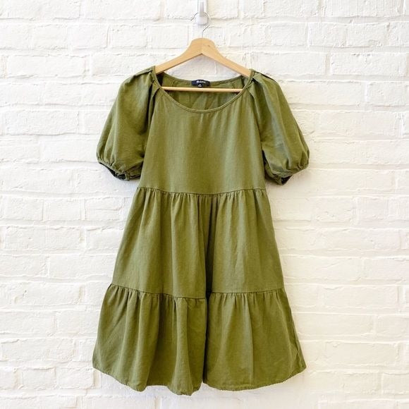 Madewell || (Re)sponsible Puff Sleeve Tiered Mini Dress Olive Green XS