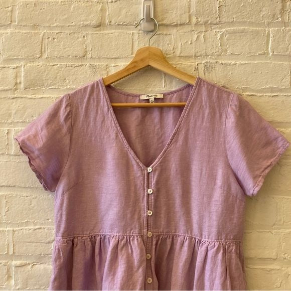 Madewell || Linen-Blend Alexandra Button-Front Mini Dress Lavender Purple Small