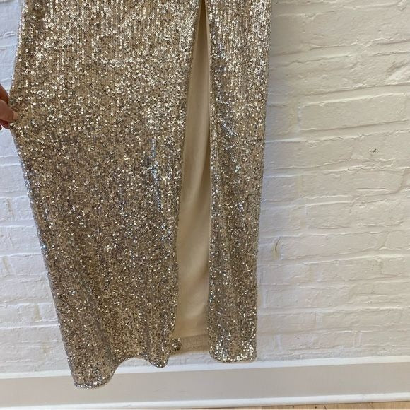 Aidan by Aidan Mattox || Sequined Column Gown Plunge Slit Gold Champagne 6