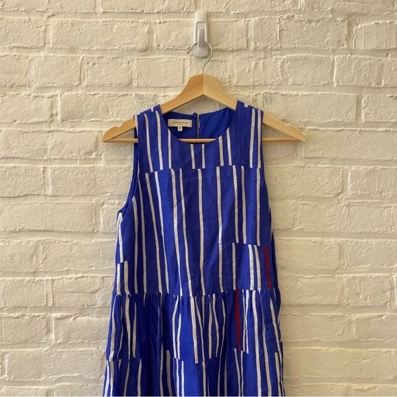 Lafayette 148 New York || Cass Striped Keyhole Dress Linen-Blend Blue Red XXS