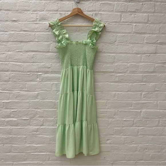 Amanda Uprichard || Adelene Midi Dress Smock Ruffle in Hypermint Light Green S