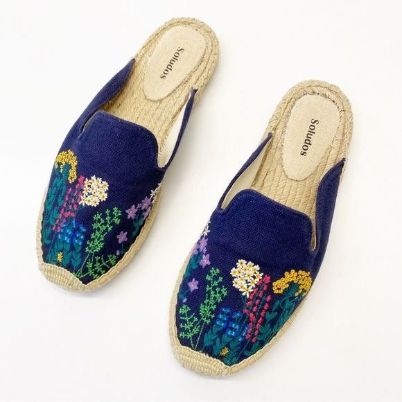 Soludos || Wildflower Embroidered Espadrille Slip On Mules Floral Navy Blue 9