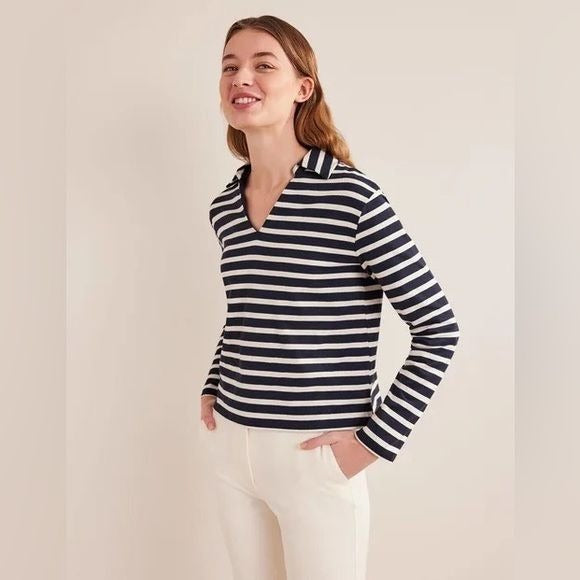 Boden || Notch Collar Stripe Top Breton Nautical Navy Blue Ivory Large