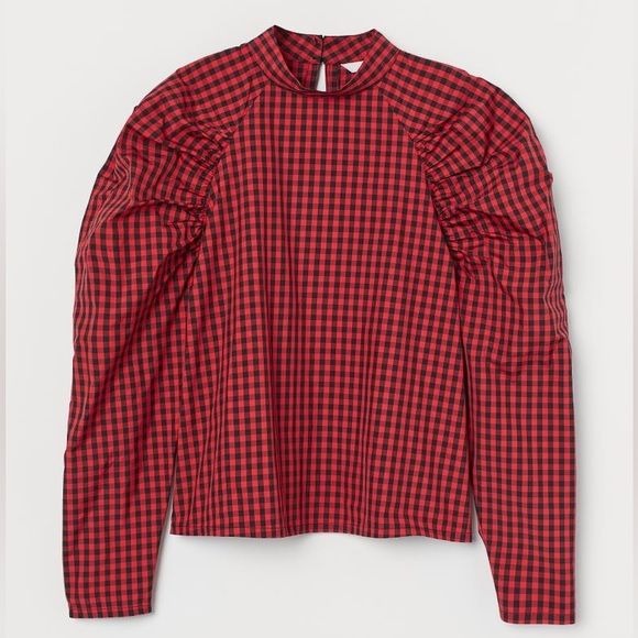 H&M || Gingham Check Plaid Puff Sleeve Blouse Top Red Black Large NWT