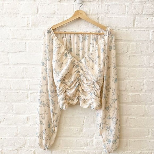 Free People || Final Rose Blouse Top Floral Ruched Gathered Smocked Ivory Medium