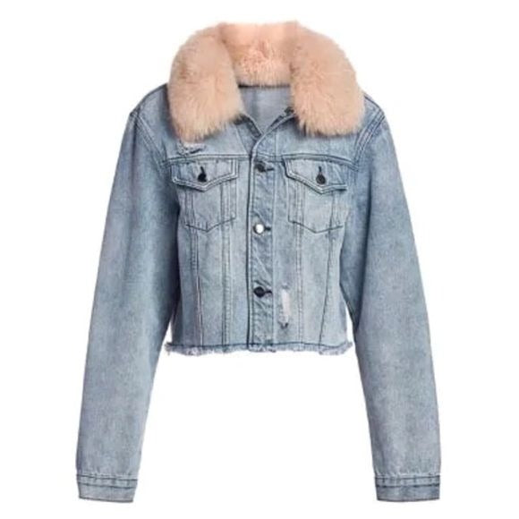 Ava & Kris || Hailey Fox Fur-collar Denim Jacket In Peach Small NWT