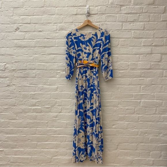 Anthropologie || Maeve Belted Kimono Floral Maxi Dress Blue Yellow 4