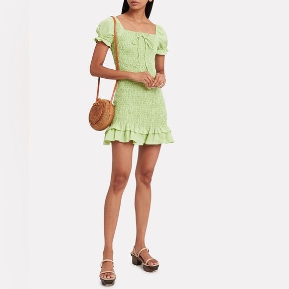 Faithfull the Brand || Cette Linen Smocked Mini Dress Puff Sleeve Green US 4