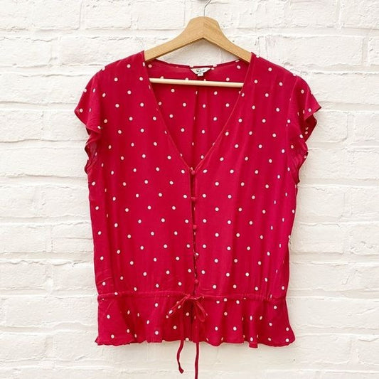 Rails || Bretton Top V-Neck Ruffle Hem Peplum Polka Dot Blouse Red Medium