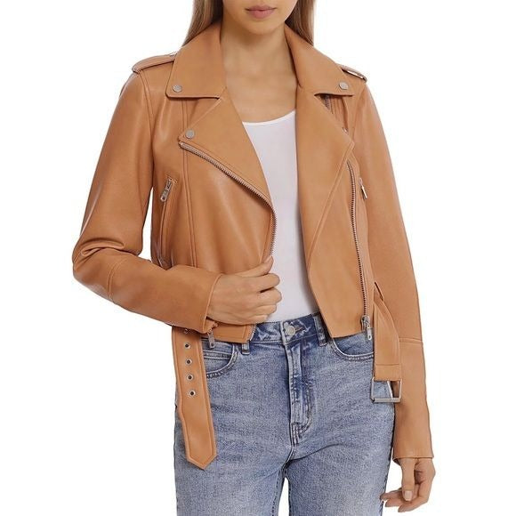 Bagatelle Collection || Belted Moto Jacket Vegan Leather Tan Cognac Small