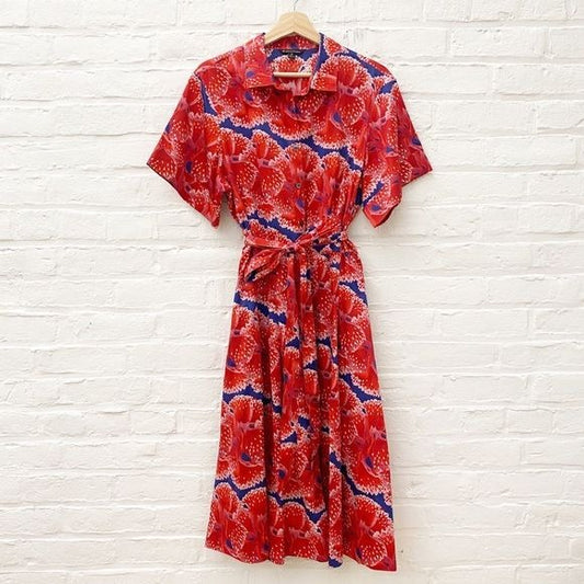 Brooks Brothers x Zac Posen || Red Poppy Floral Belted Shirt Dress Fit Flare 16