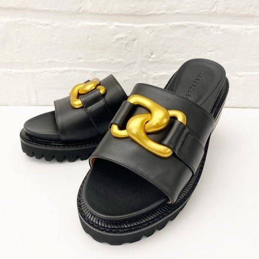 Aerosoles || Lima Leather Sandals Slides Chunky Gold Buckle 6.5