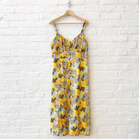 Abercrombie || Smocked Floral MIDI Dress Button Front Orange Yellow Large