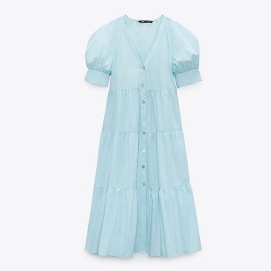 Zara || Tiered Cotton Poplin Paneled Midi Dress Blue Light Aqua Small