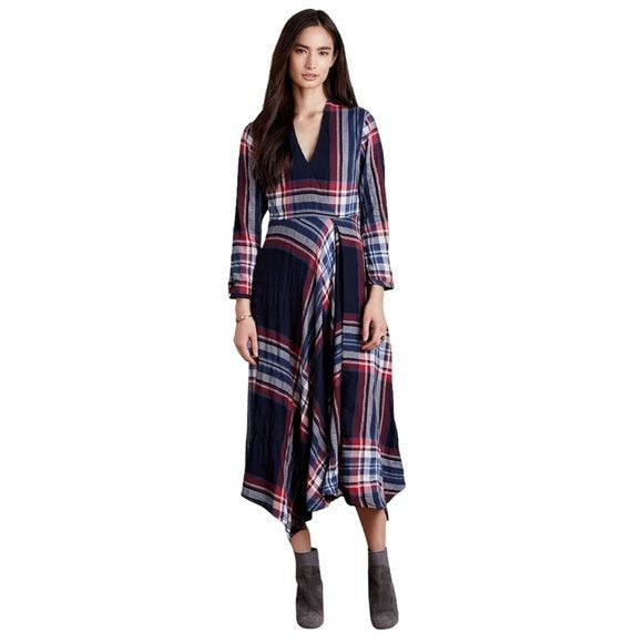 Anthropologie || Isabella Sinclair Tartan Plaid Surplice Midi Dress Navy M