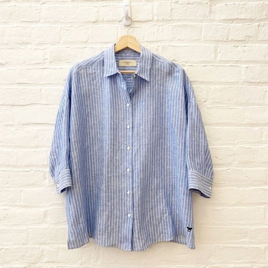 Weekend MaxMara || Oversized Boxy Linen Button Down Shirt Blue Stripe US 8