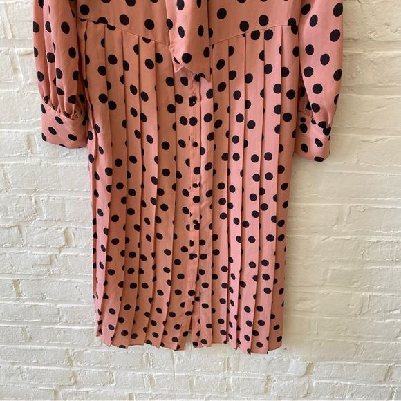 Zara || Pleated Polka Dot Shirtdress Midi Dress Pussybow Tie Neck Pink Black XS