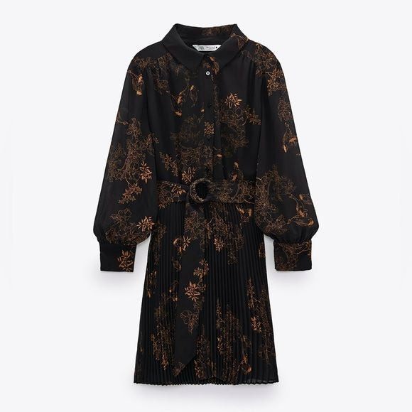 Zara || Koi Floral Print Belted Dress Pleated Mini Dress Long Sleeve Black M