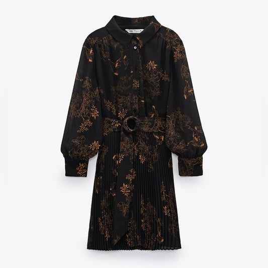 Zara || Koi Floral Print Belted Dress Pleated Mini Dress Long Sleeve Black M