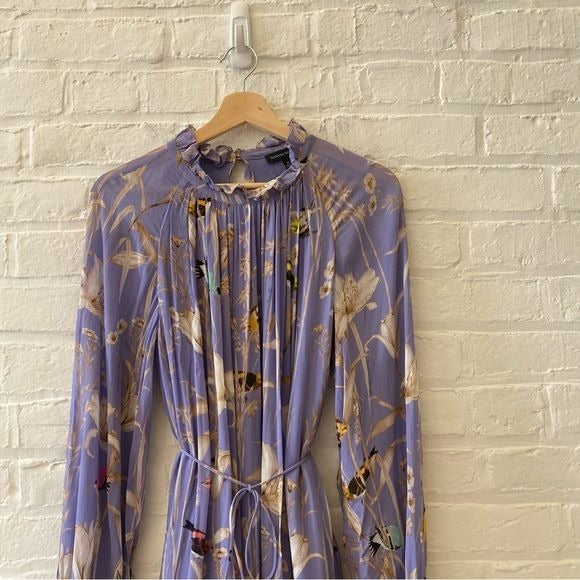 Banana Republic || Belted Long Sleeve Mini Dress Bird Floral Print Purple XS