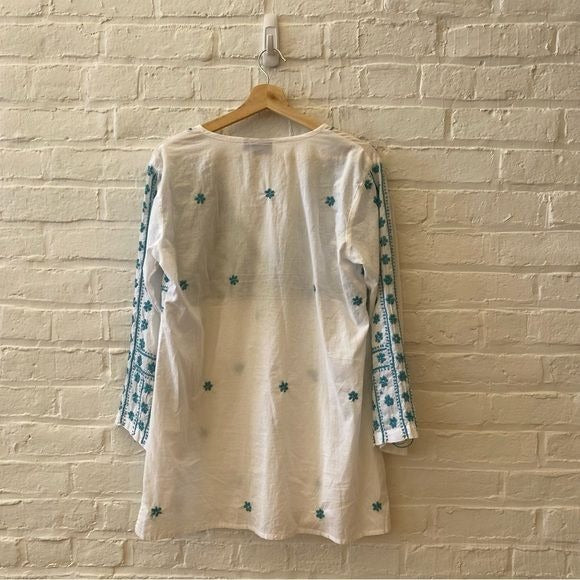 Madison Mathews || Embroidered Tunic Top Cotton White Teal Large