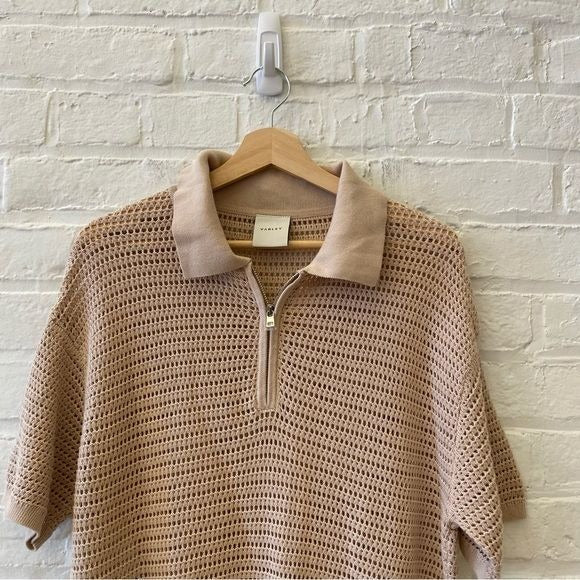 Varley || Clayton Polo Zip Neck Collar Open Weave Crochet Knit Moon Tan XS