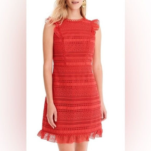 J Crew || Cap Sleeve Ruffle Lace Eyelet Dress Bright Cerise Red Orange 8