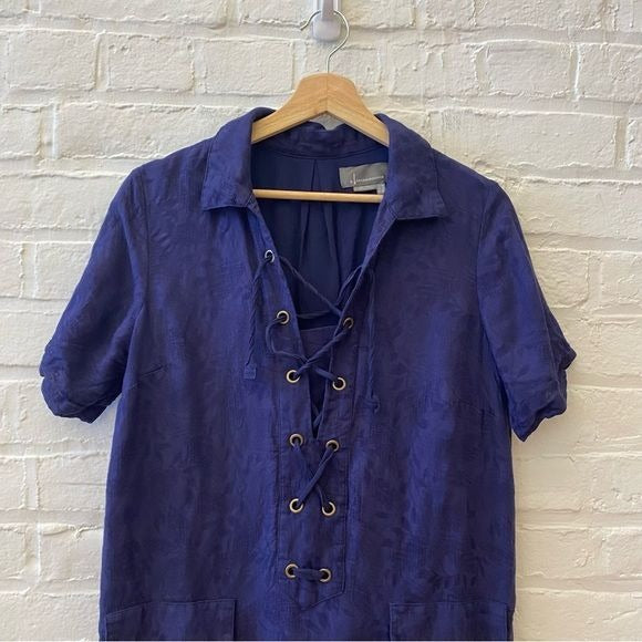 Anthropologie || Finley Lace-Up Linen Blend Shirtdress Blue 6