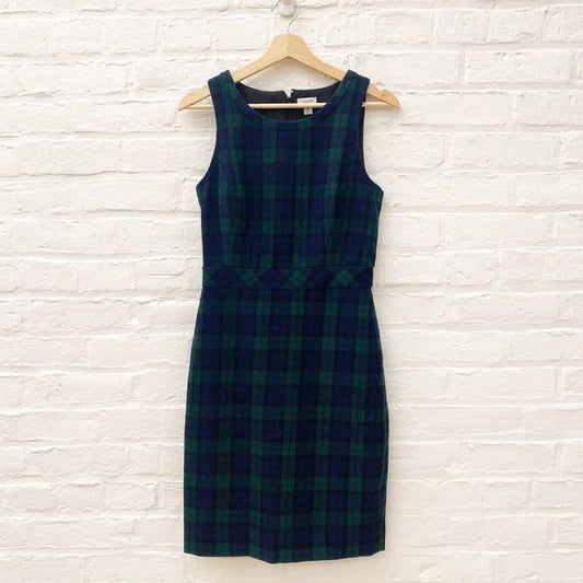 J. Crew || Wool-Blend Pencil Sheath Suit Dress in Black Watch Plaid Blue Green 0