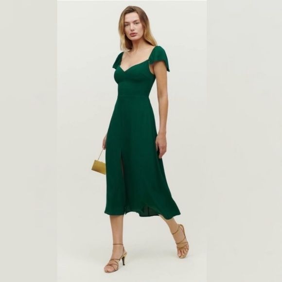 Reformation || Baxley Dress Slit Midi Emerald Green 8