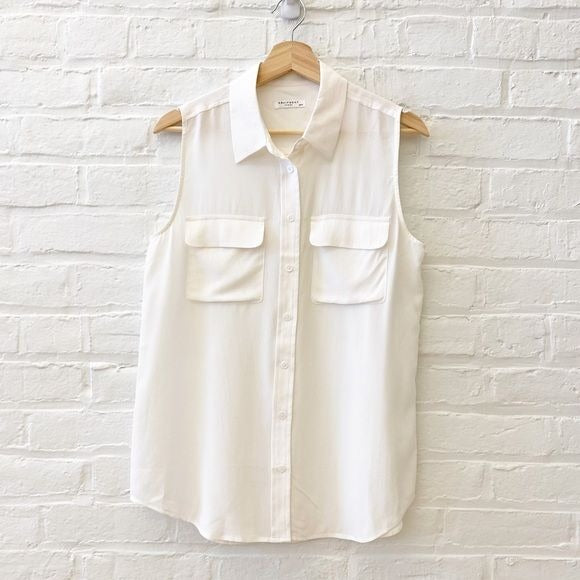 Equipment || Slim Signature Sleeveless Silk Shirt Pockets White Ivory Medium