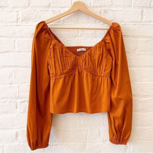 Abercrombie || Pintucked V-Neck Babydoll Blouse Top Cotton Orange Rust Small