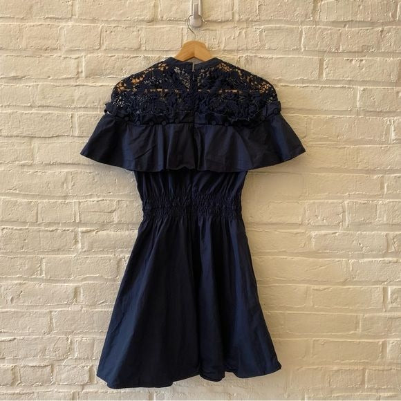 Self-Portrait || Hudson Lace-Yoke Ruffle Smocked Waist Mini Dress Navy Blue 4