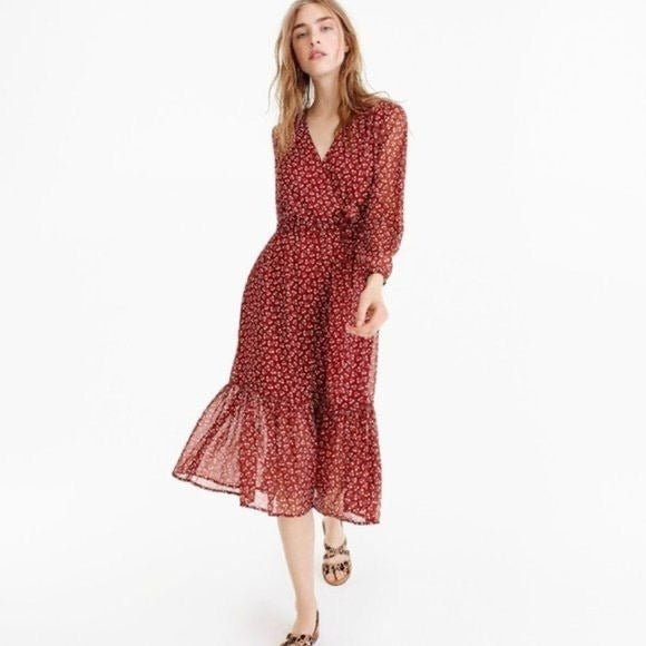 J. Crew || Point Sur Faux-wrap Dress in Sparkle Floral Red Orange 4 NWT