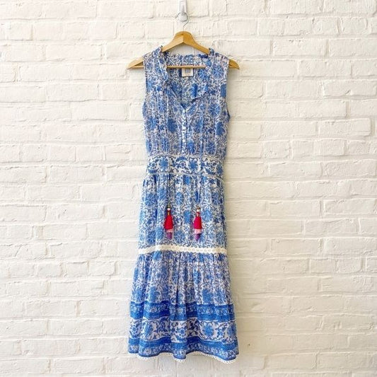 Bell by Alicia Bell || Silk Blend Block Print Tiered Midi Dress Tassels Blue M