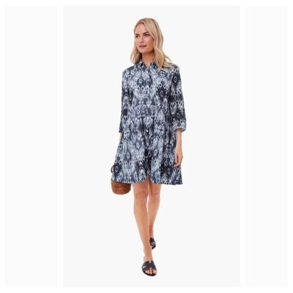 Ro's Garden || Deauville Tyla Tiered A-line Shirt Dress Ikat Blue XS NWT