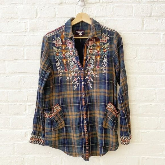 Johnny Was || Workshop Embroidered Plaid Tunic Button Down Floral Blue Small