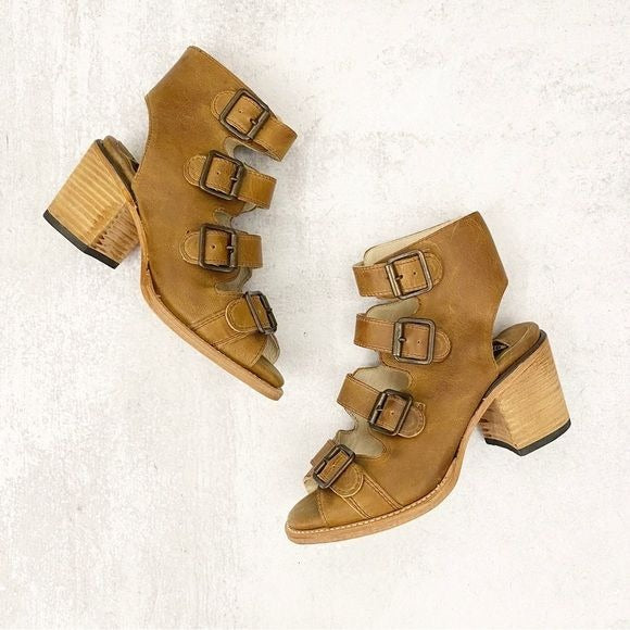 Freebird by Steven || Quail Leather Strappy Buckle Sandals Heels Booties Brown 6