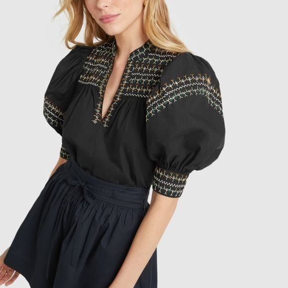 Ulla Johnson || Noam Top Embroidered Standing Collar V-Neck Puff Sleeve 6