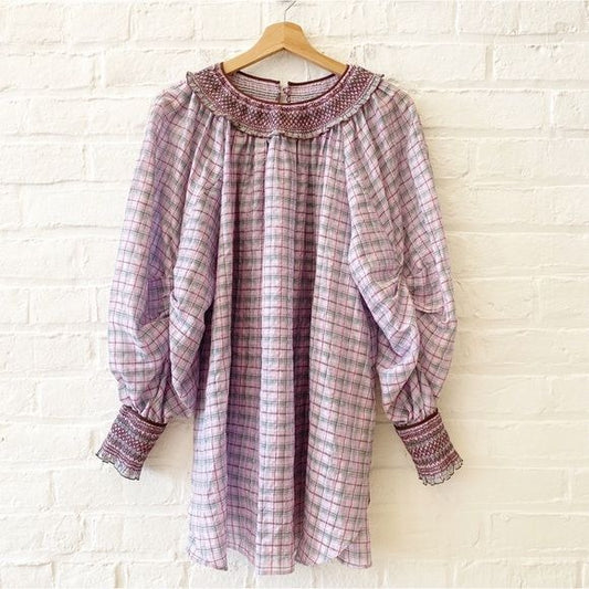 Leur Logette || Smocked Yoke + Cuff Checked Blouse Silk Blend Purple