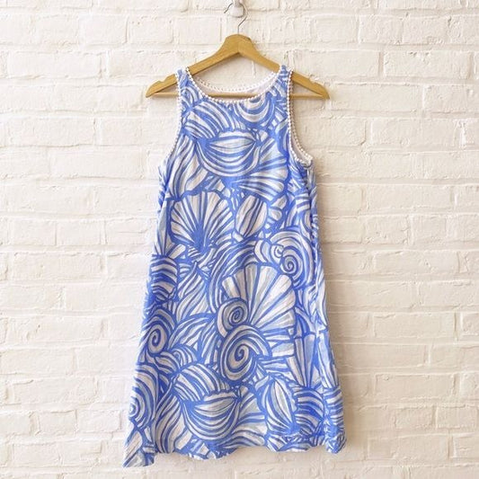 Vineyard Vines || Nautilus Shell Print Linen Shift A-Line Swing Dress Blue 2