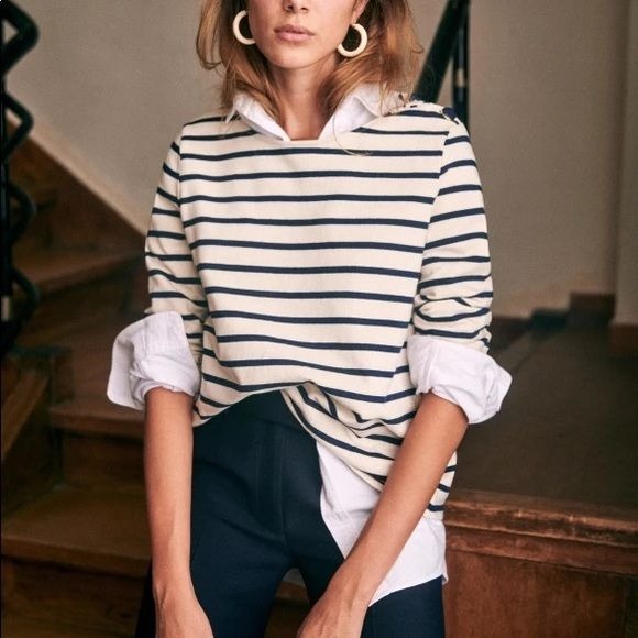 Sezane || Colette Mariniere in Ecru Cream Navy Nautical Breton Stripe Small