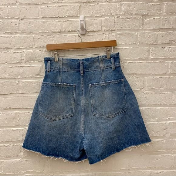 Frame || High Rise Darted Wide Leg Denim Jean Shorts Long Raw Hem Blue 27