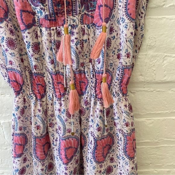 Bell by Alicia Bell || Silk Blend Block Print Lola Mini Dress Tassels Pink XS