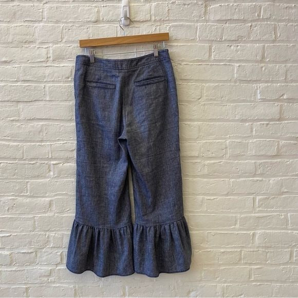 Anthropologie || ett:twa Linen Ruffle Crop Trouser Chambray Blue 6