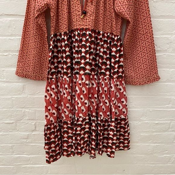 Ro’s Garden || Sonia Dress Short Tiered Long Sleeve in Phoenix Red Pink S NWT