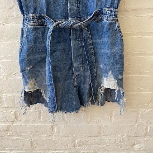 R13 || Mick Belted Distressed Denim Romper Cohen Blue Small